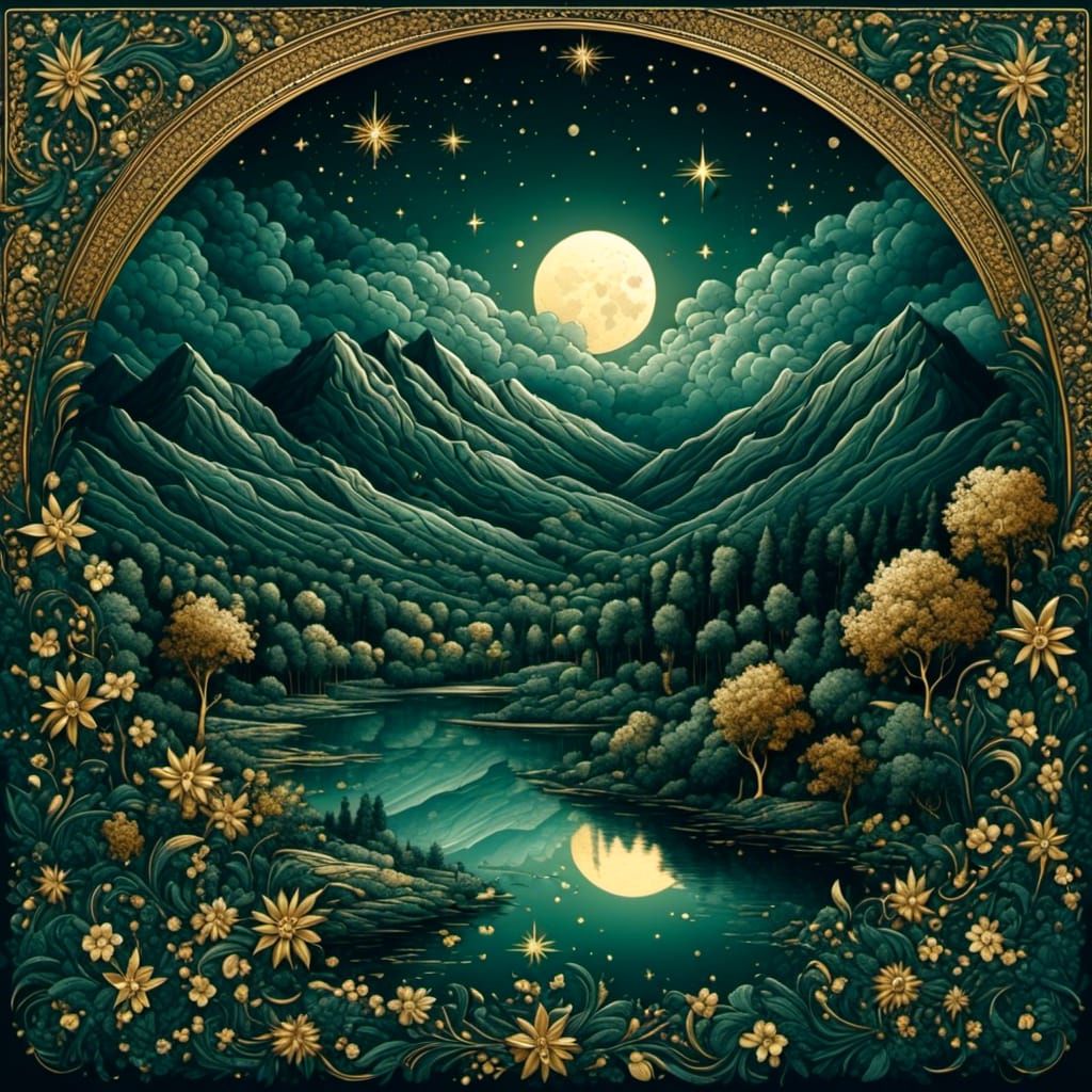 Intricate Green and Gold Night Landscape with Stars