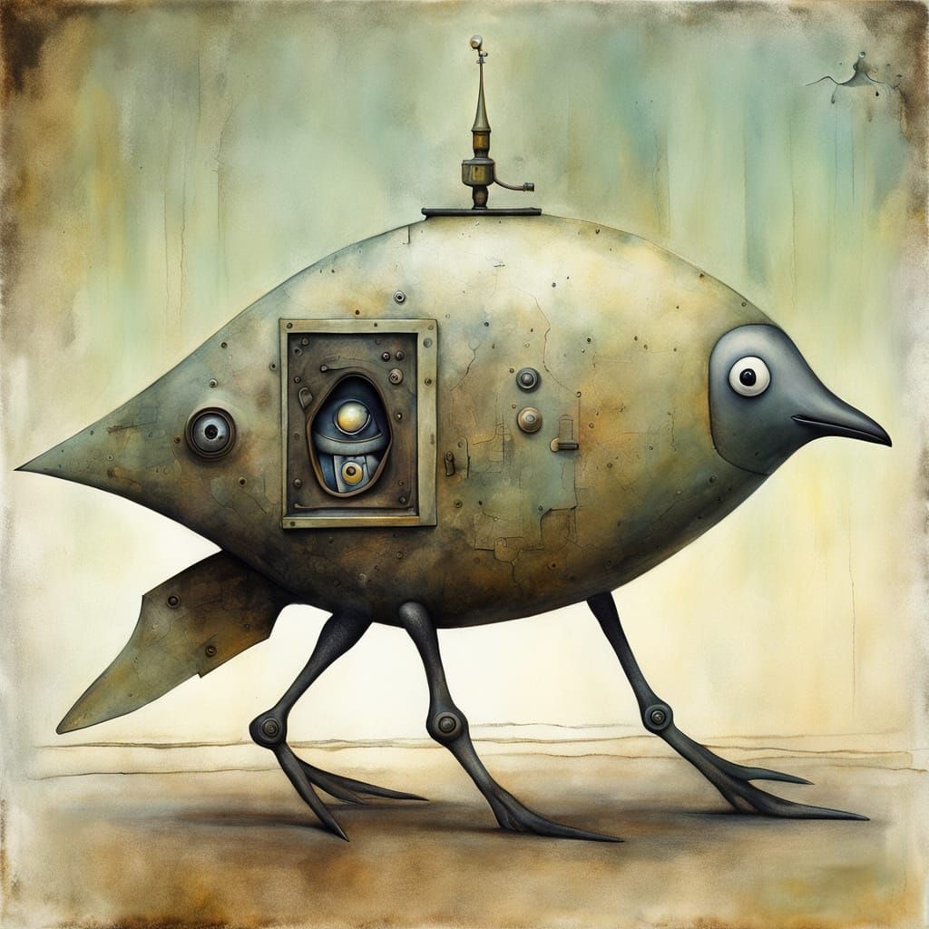 Surreal Mechanical Penguin Painting in Shaun Tan Style