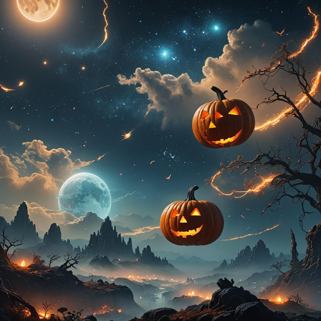 Glowing Pumpkins Soar in Sci-Fi Night Sky