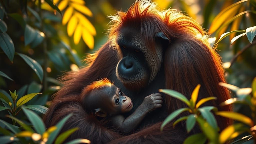 Tender Orangutan Mother and Infant in Tropical Rainforest