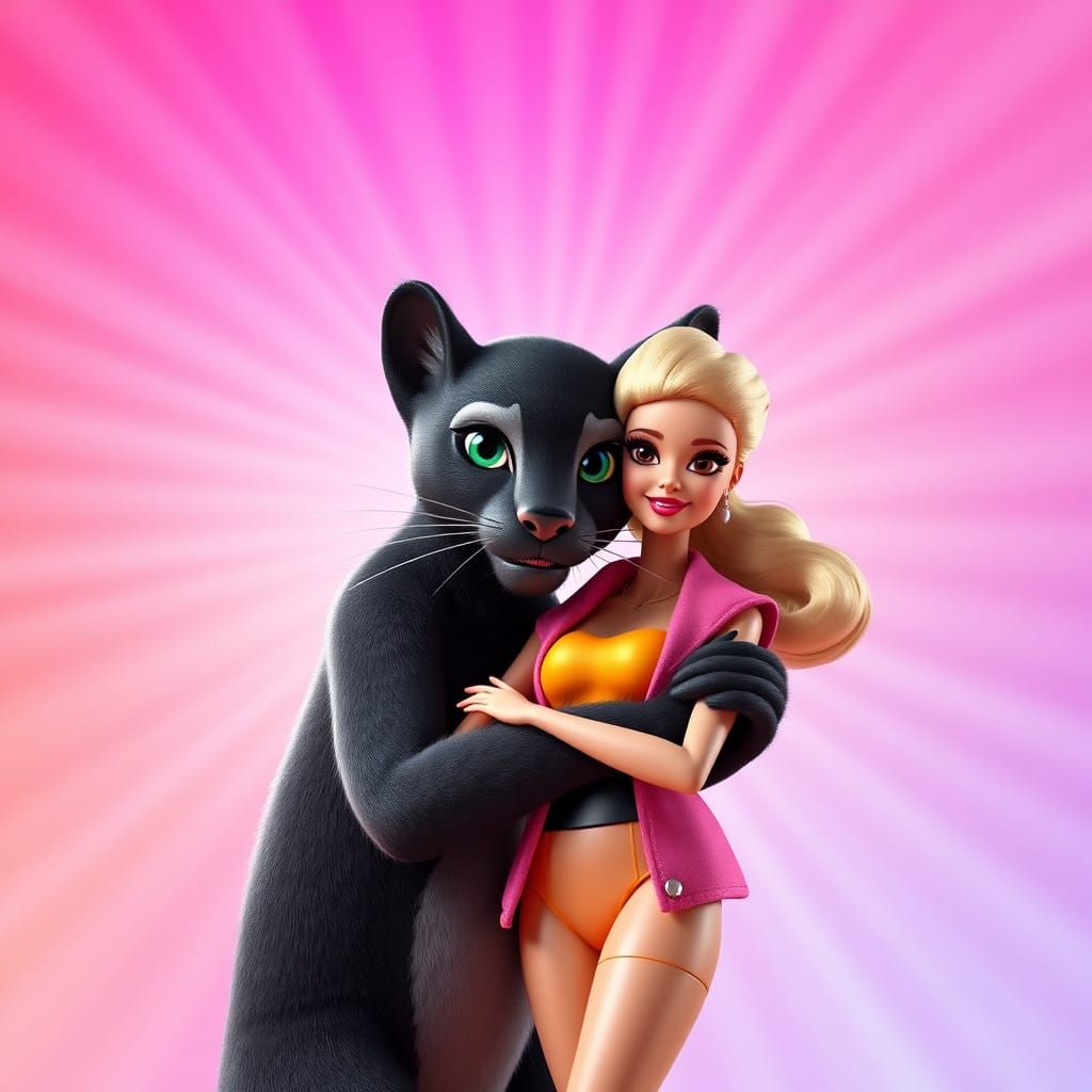 Puma Hugging Barbie Girl in Cartoon 3D Style