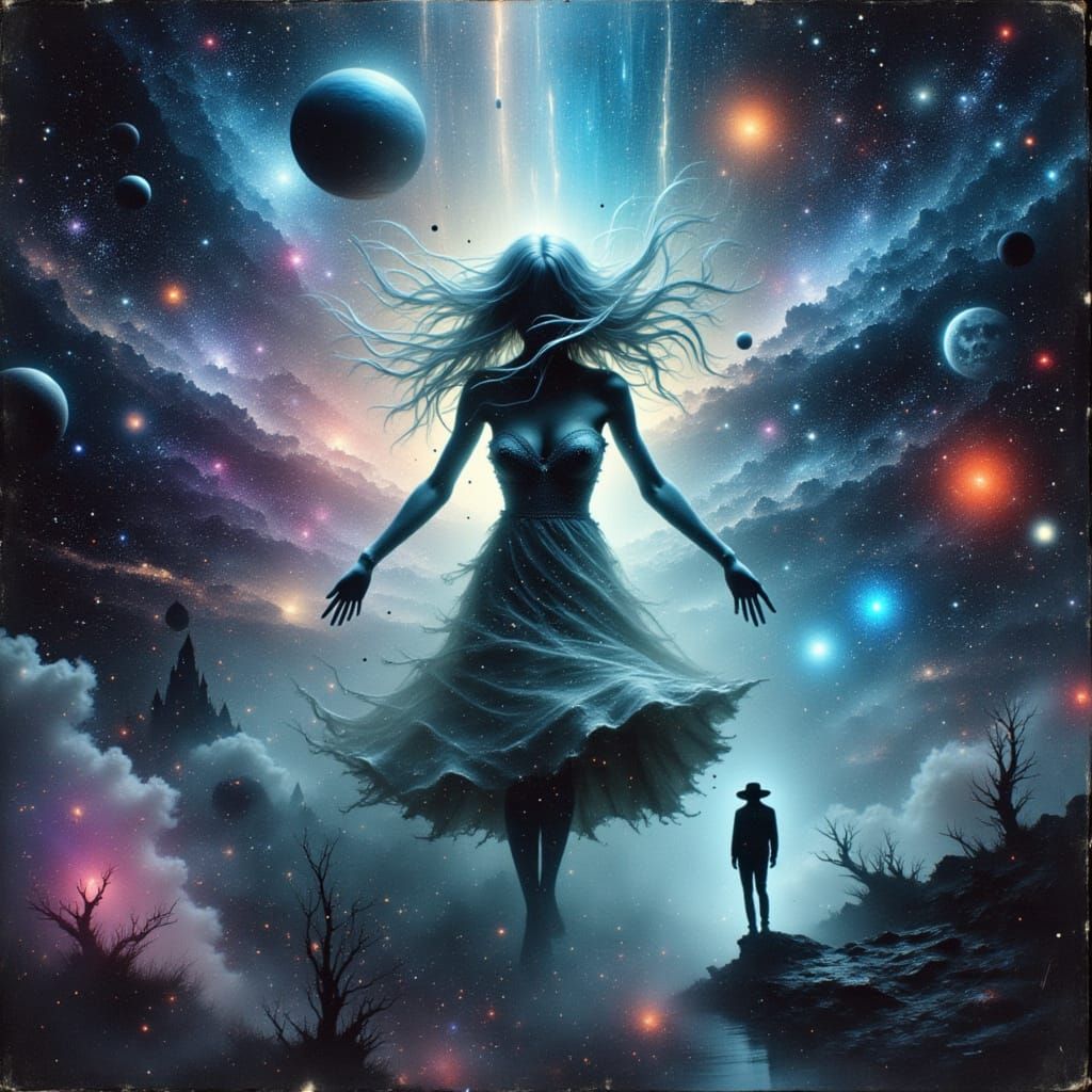 Woman Levitating in Cosmic Vortex as Digital Art