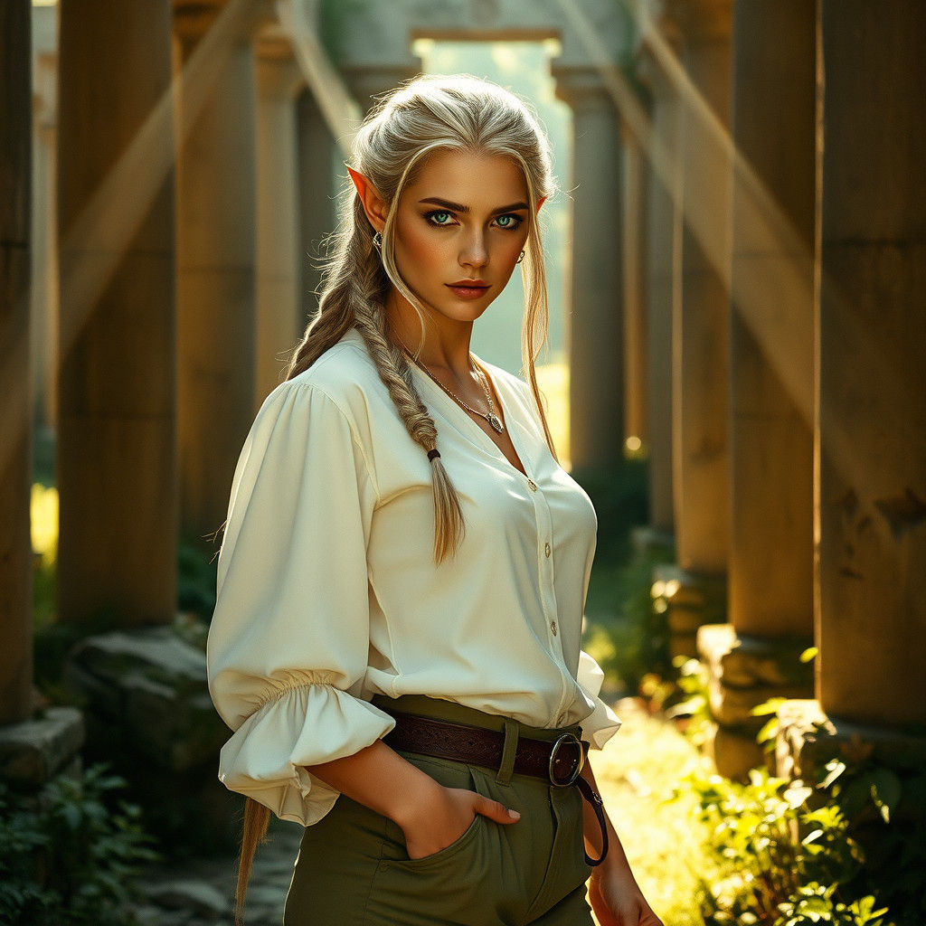 Elven Scholar in Ancient Ruins: Cinematic Film Still