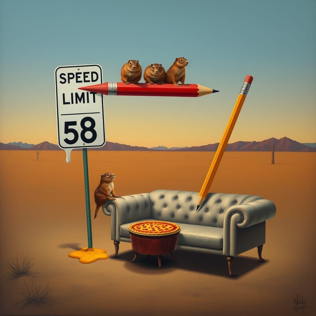 Surreal Desert Twilight with Melting Objects and Hovering Wi...