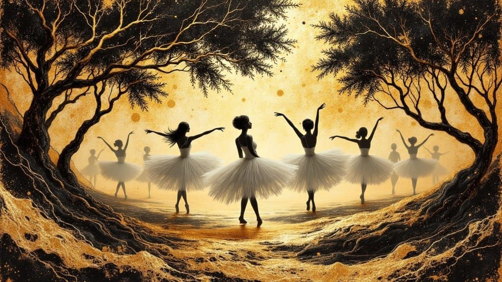 Ballerinas Dance Across Melting Gold Landscape in Intricate,...