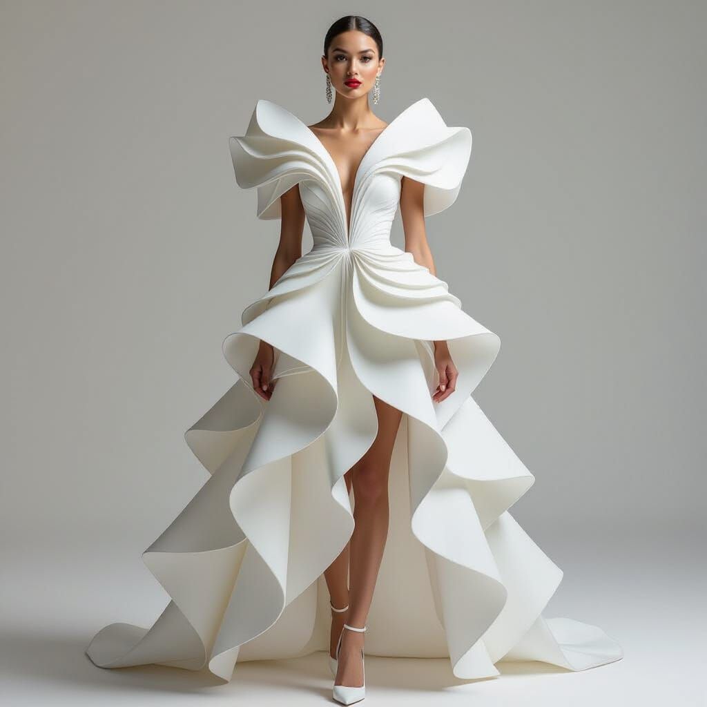 Elegant Woman in Avant-Garde White Sculptural Gown