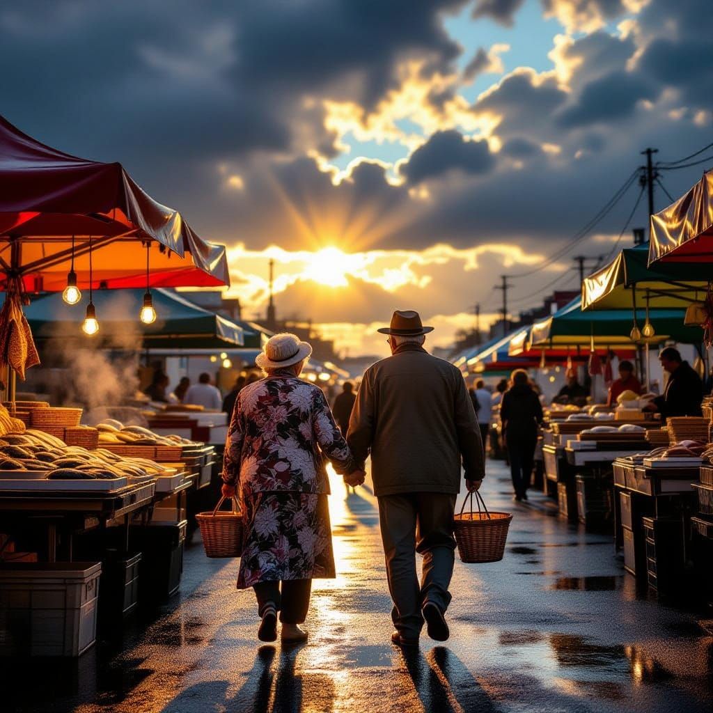 Elderly Couple Buys Baked Fish at Market with Dramatic Skies