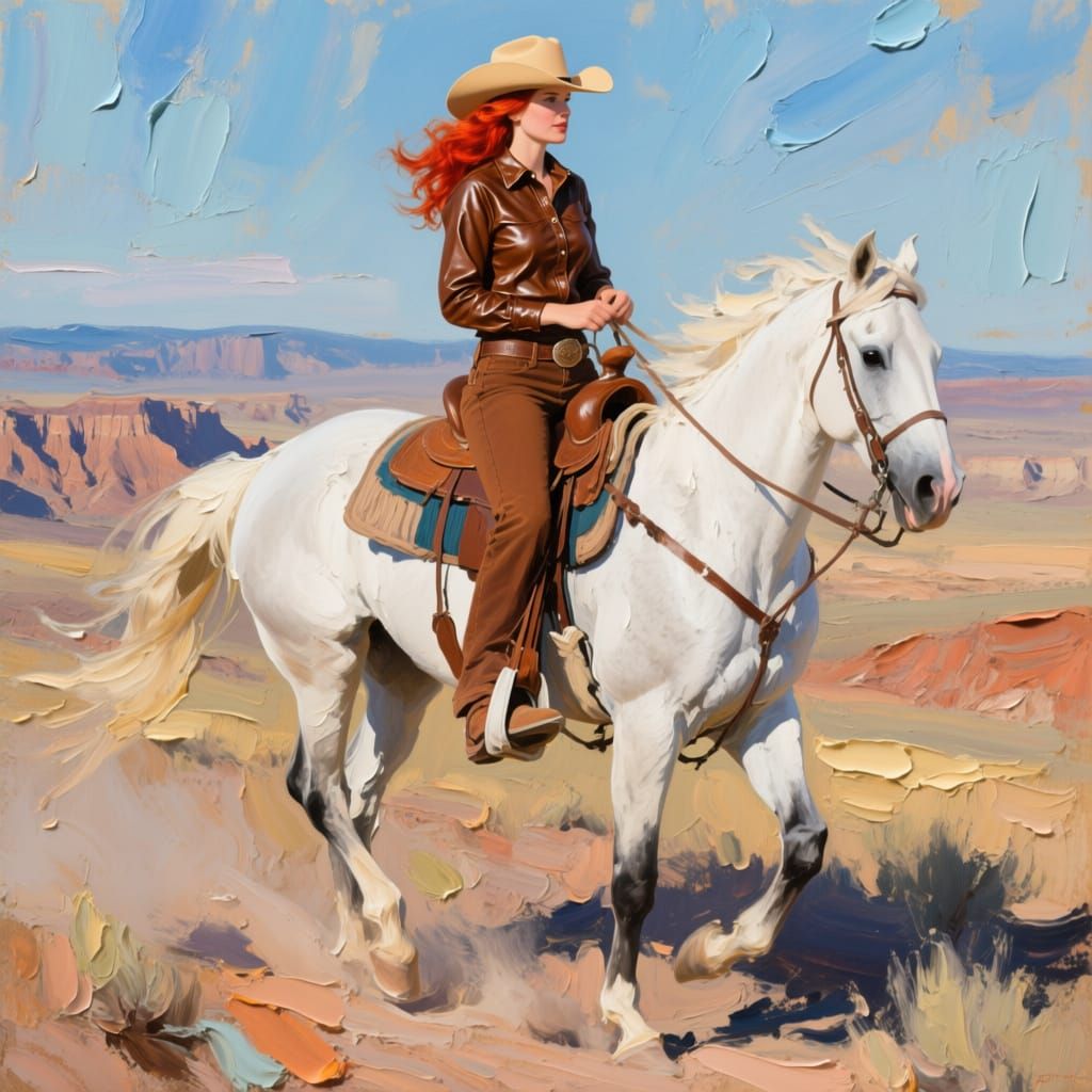 Impasto Oil Painting of Woman Riding Horse in Badlands