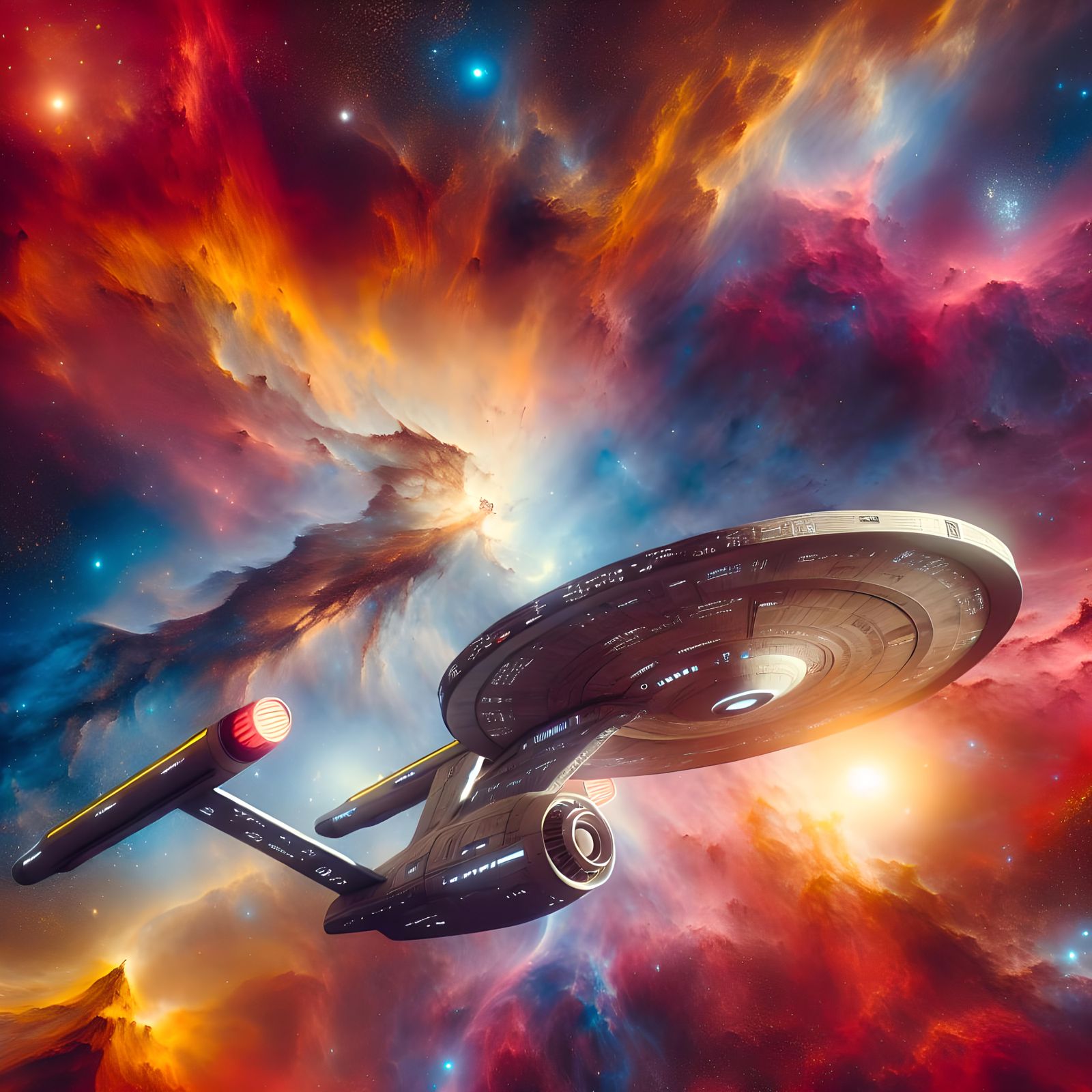 Starship Flying Through Colorful Nebula