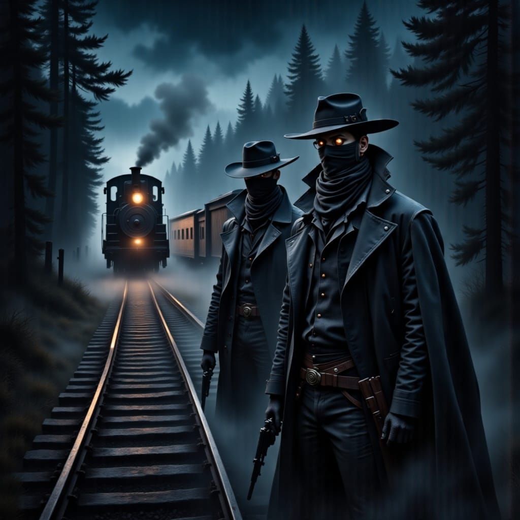 Wild West Train Robbers in a Smoky, Celestial Sky