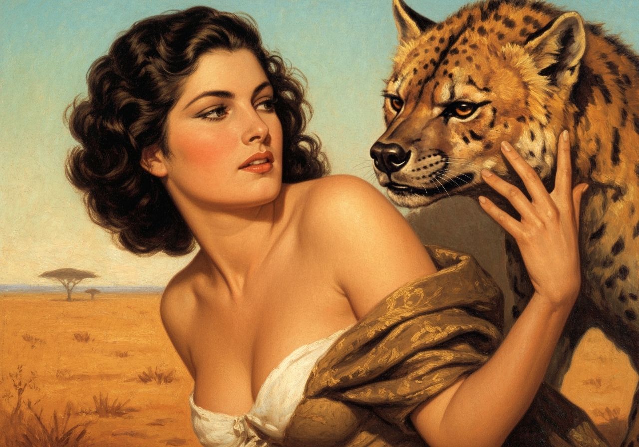 Sensual Heroine with Hyena in African Savanna Oil Painting