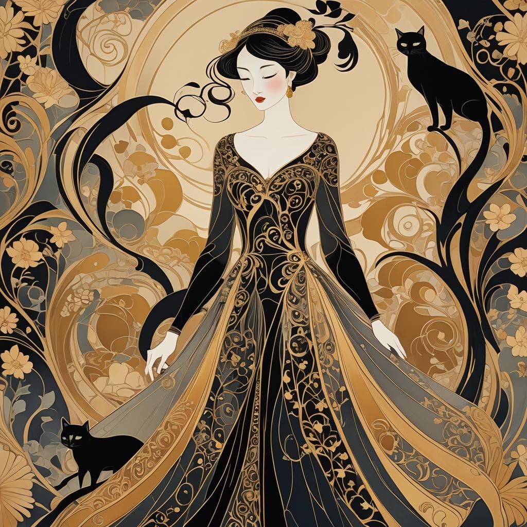 Elegant Lady with Cat in Art Nouveau Style