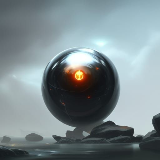 Floating Obsidian Sphere in Mysterious Landscape