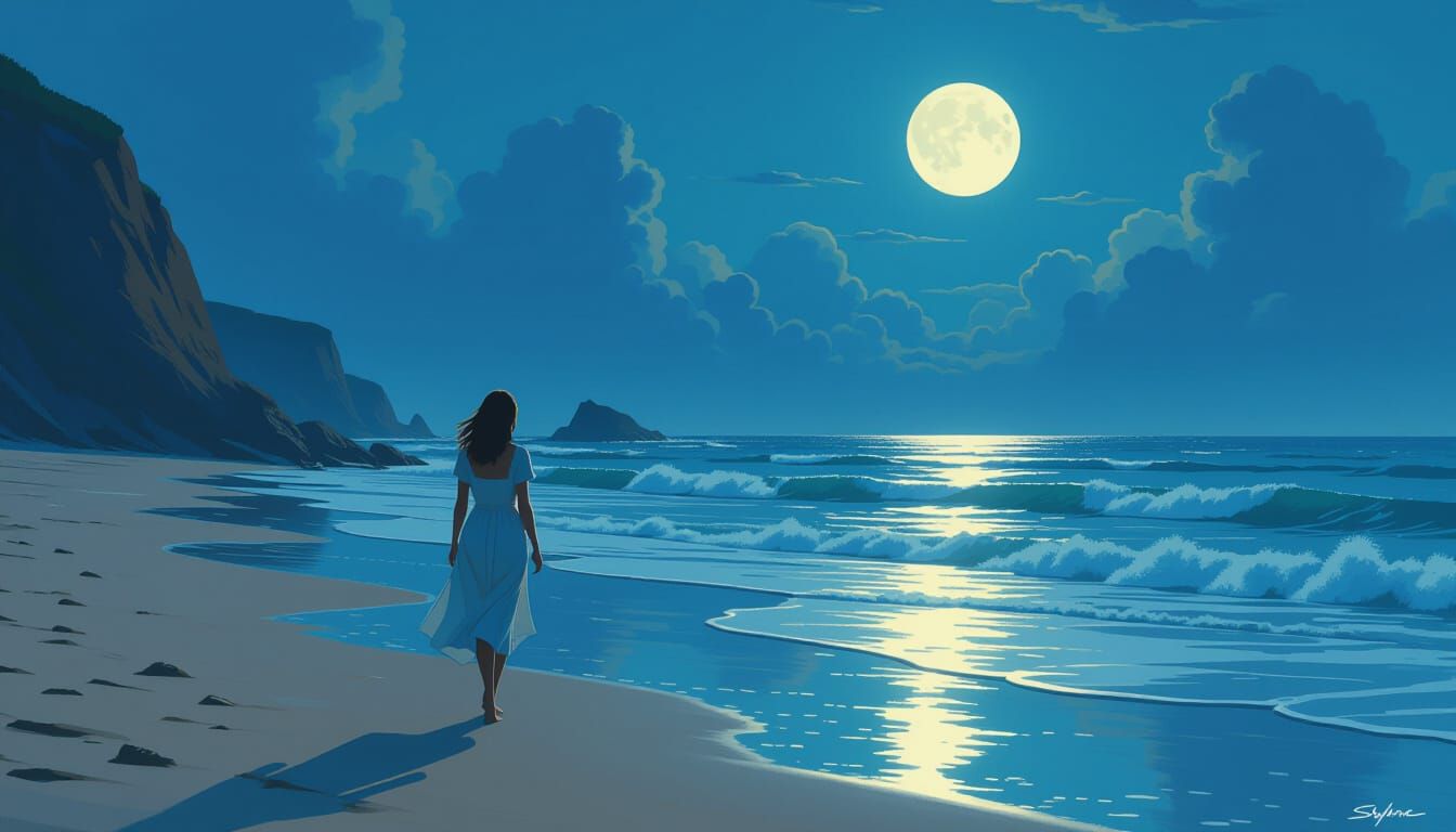 Woman on Moonlit Beach in Digital Art Style