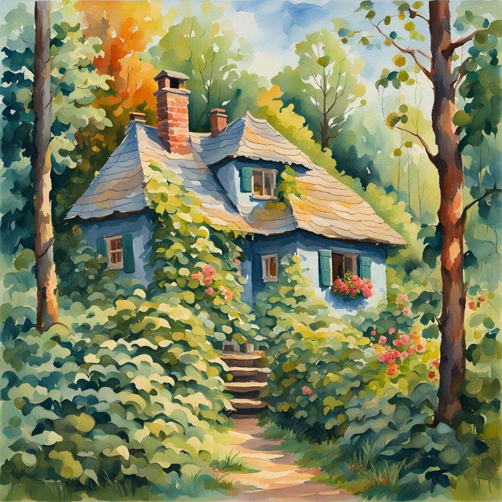 Forest Cottage in Gouache Style Watercolor