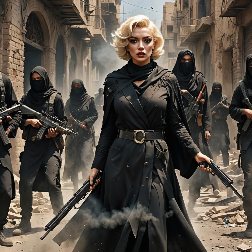 Defiant Woman in War-Torn Street: Digital Art