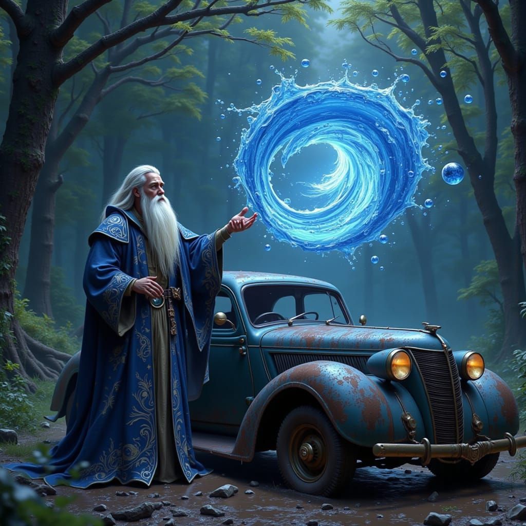 Wizard Magically Washes Mud Off Vintage Car in Forest