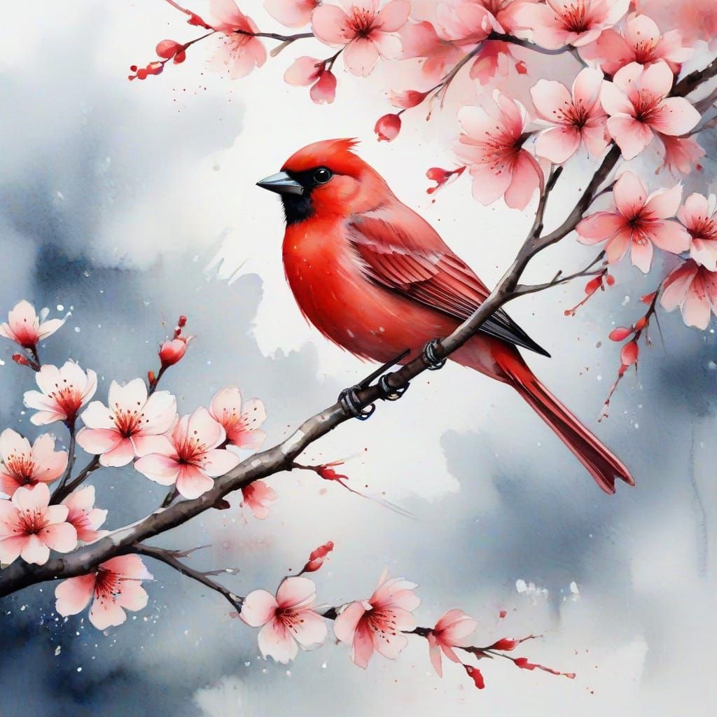 Blossom Tree and Redbird in Watercolor Scratch Paint Style