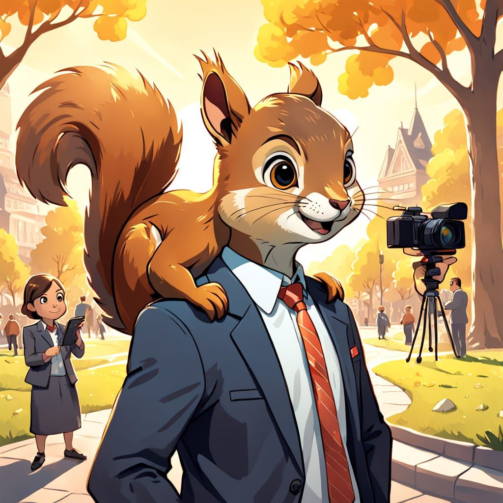 Squirrel Interrupts Live News Report in Whimsical Art Style