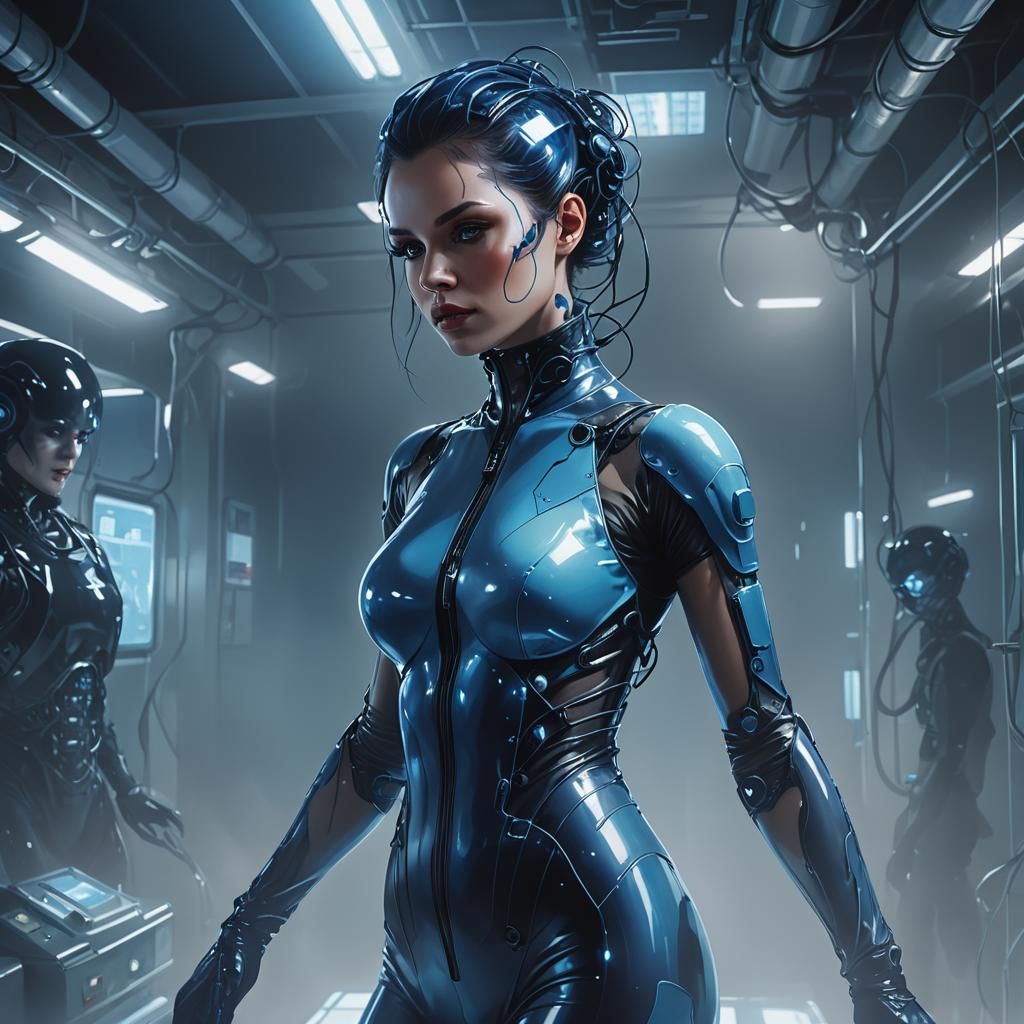 Sci-Fi Latex Woman in Blue Cyberpunk Laboratory