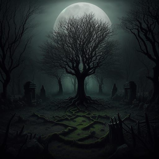 Gothic Figure in Overgrown Garden at Night