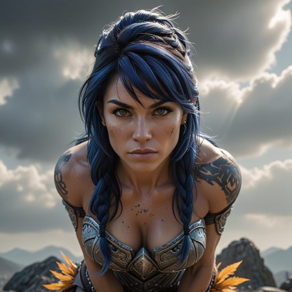 Epic Female Warrior with Bulging Muscles Stands before Orc P...