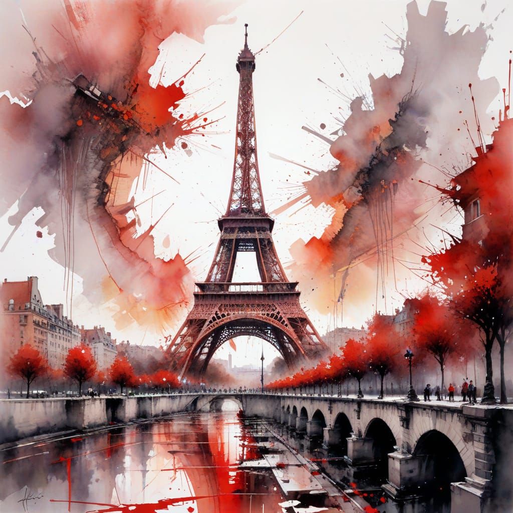 Ancient Eiffel Tower in Vibrant Red Basalt at Dawn