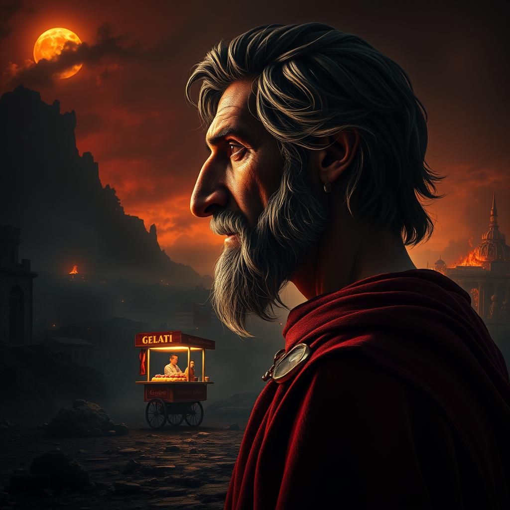 Dante in Hell with Ice Cream Cart, Photorealistic