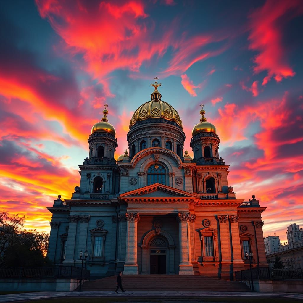 Majestic Baroque Cathedral at Dusk in a Vibrant, Surreal Sky