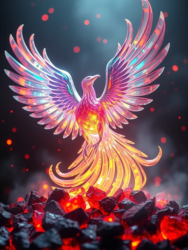 Celestial Phoenix in Blazing Inferno, Glowing Ruby Embers