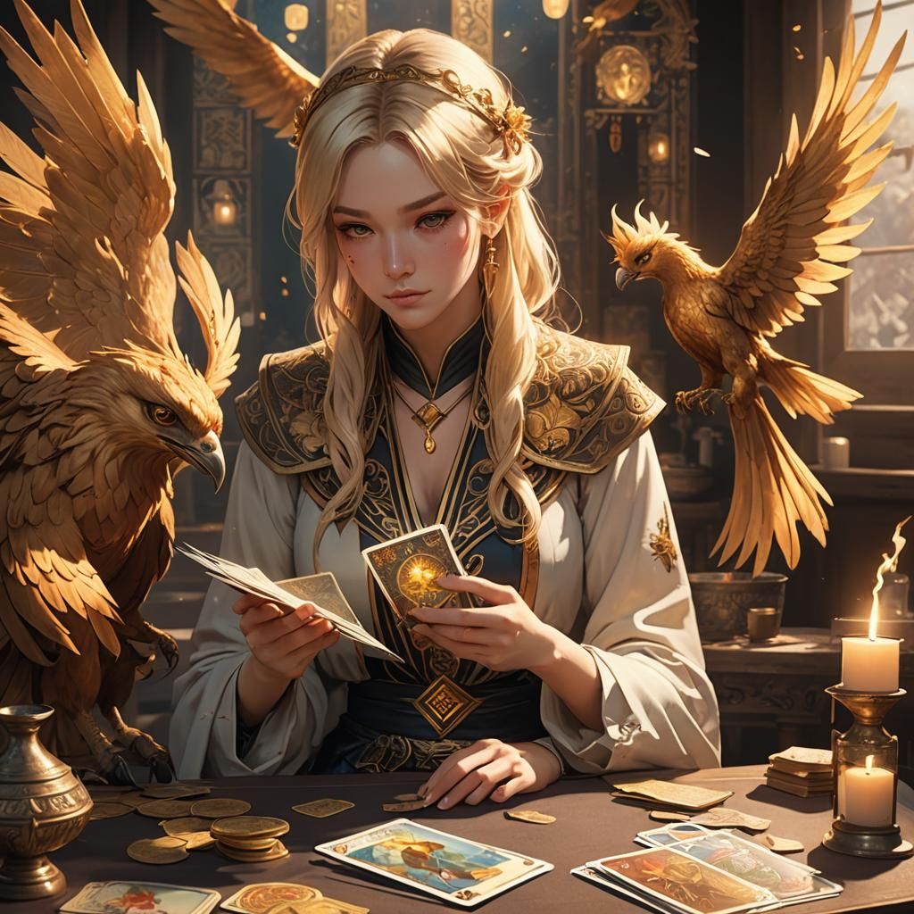 Phoenix and Tarot Reader in Anime Style