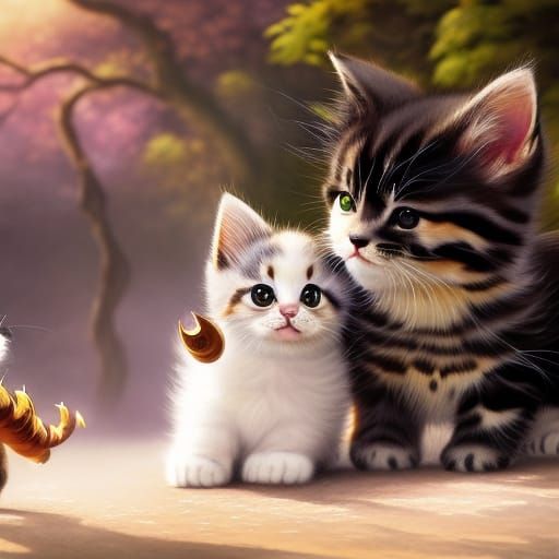 Kitten and Dragon Play: Watercolor Anime Fanart