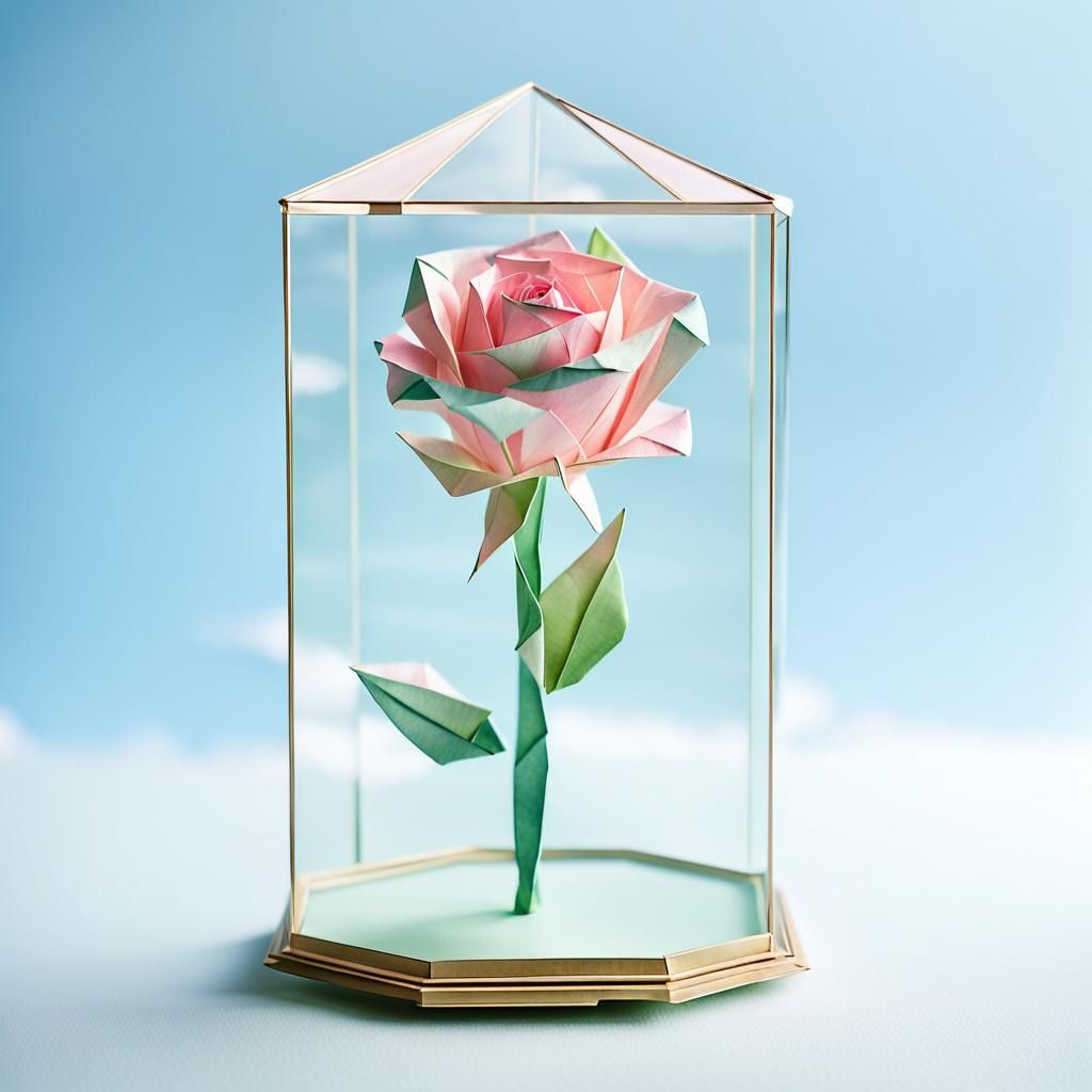 Pink Origami Rose in Glass Case, Watercolor Style