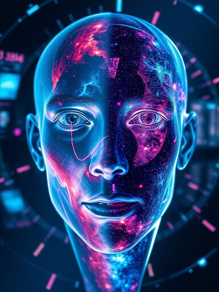 Quantum Face Meltdown in Vaporwave Style