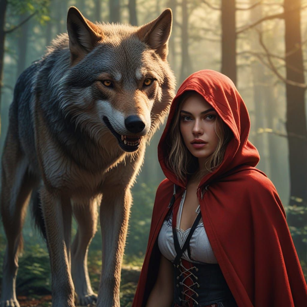 Fantasy Red Riding Hood and Wolf in a Misty Forest