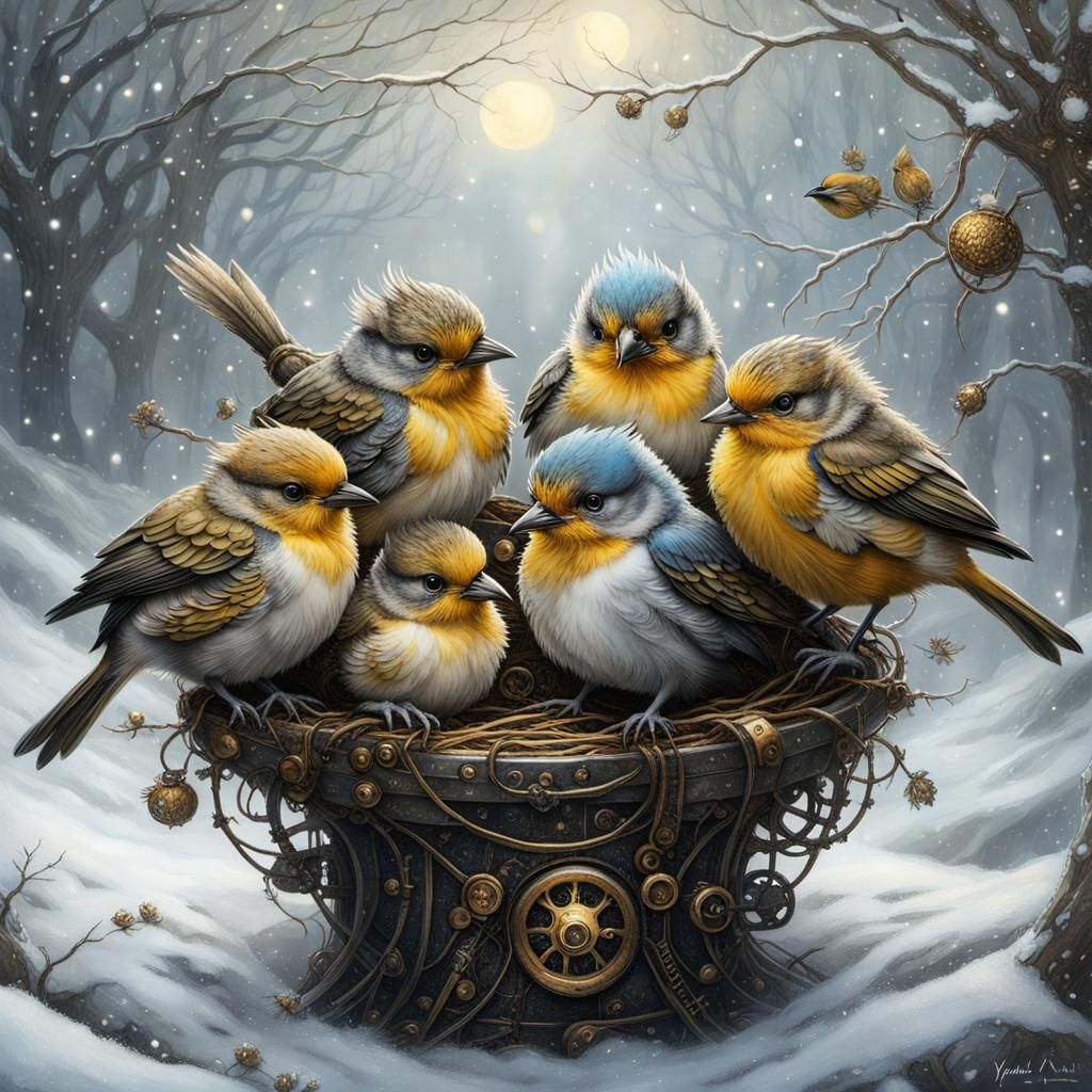 Birds in Steampunk Nest, Detailed Winter Scene