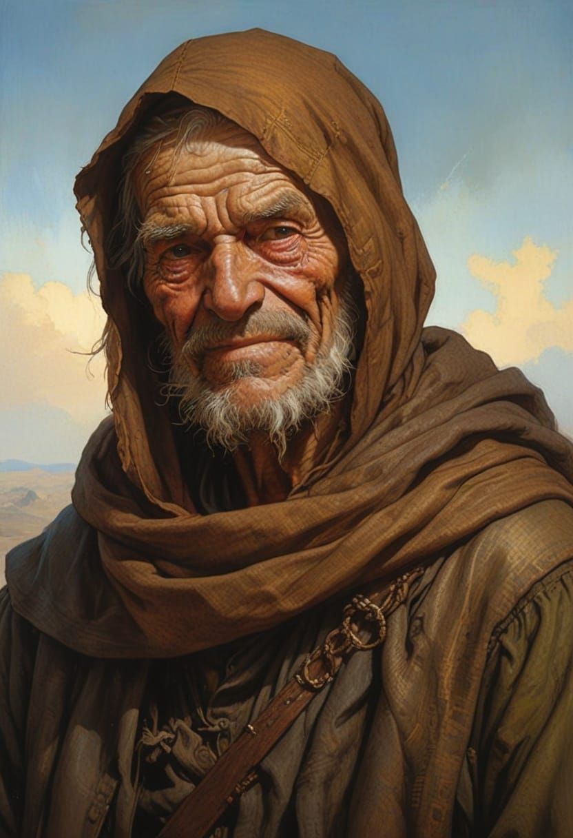 Renaissance Beggar with Wrinkled Face and Subtle Smile