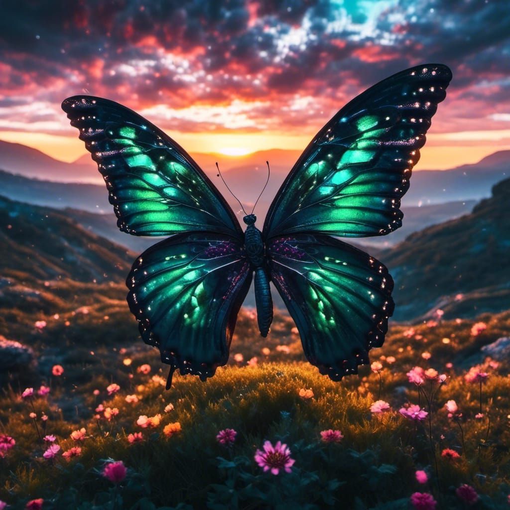 Sparkling Butterfly Over Mystical Green Landscape