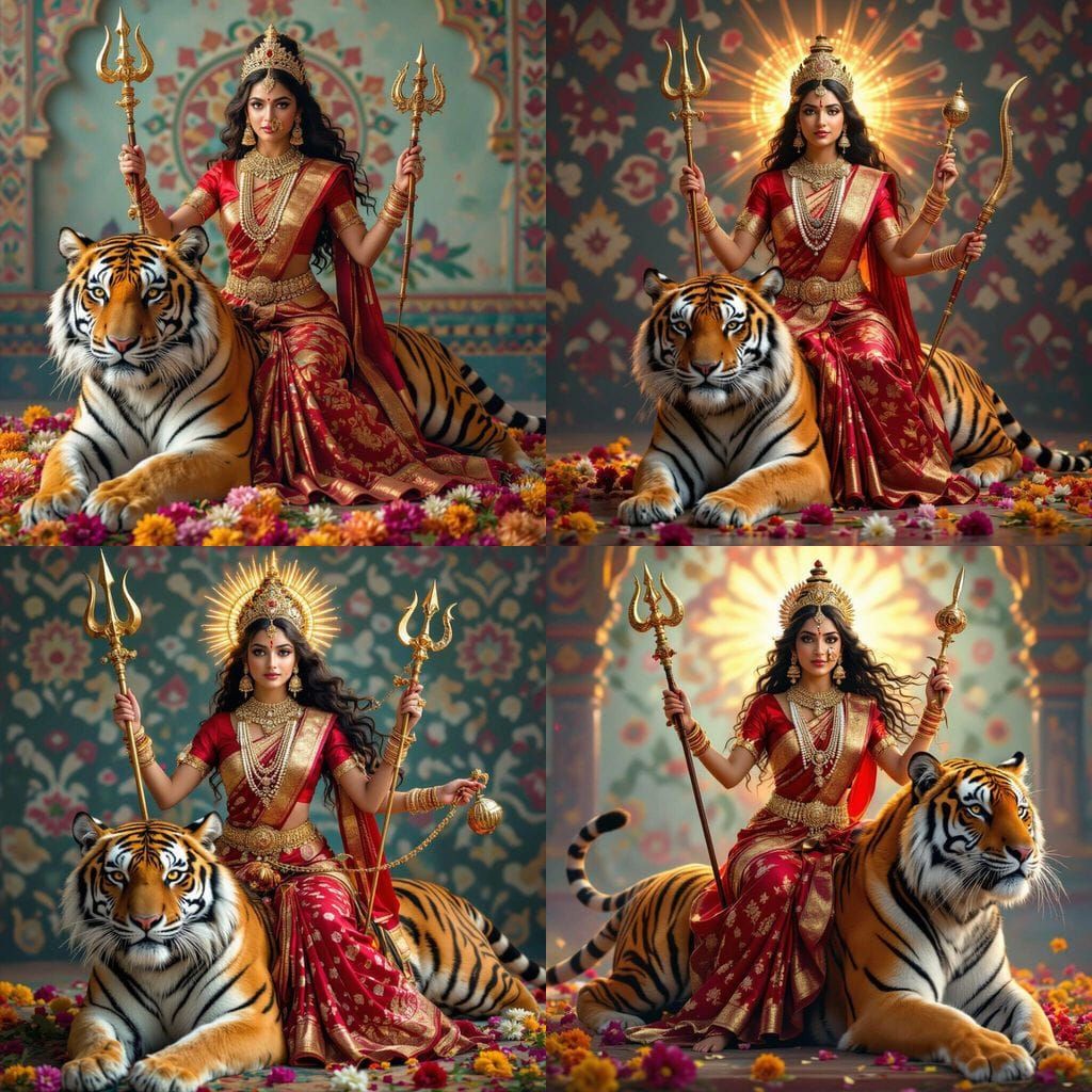 Goddess Rides Tiger with Divine Weapons, Realistic Portrait