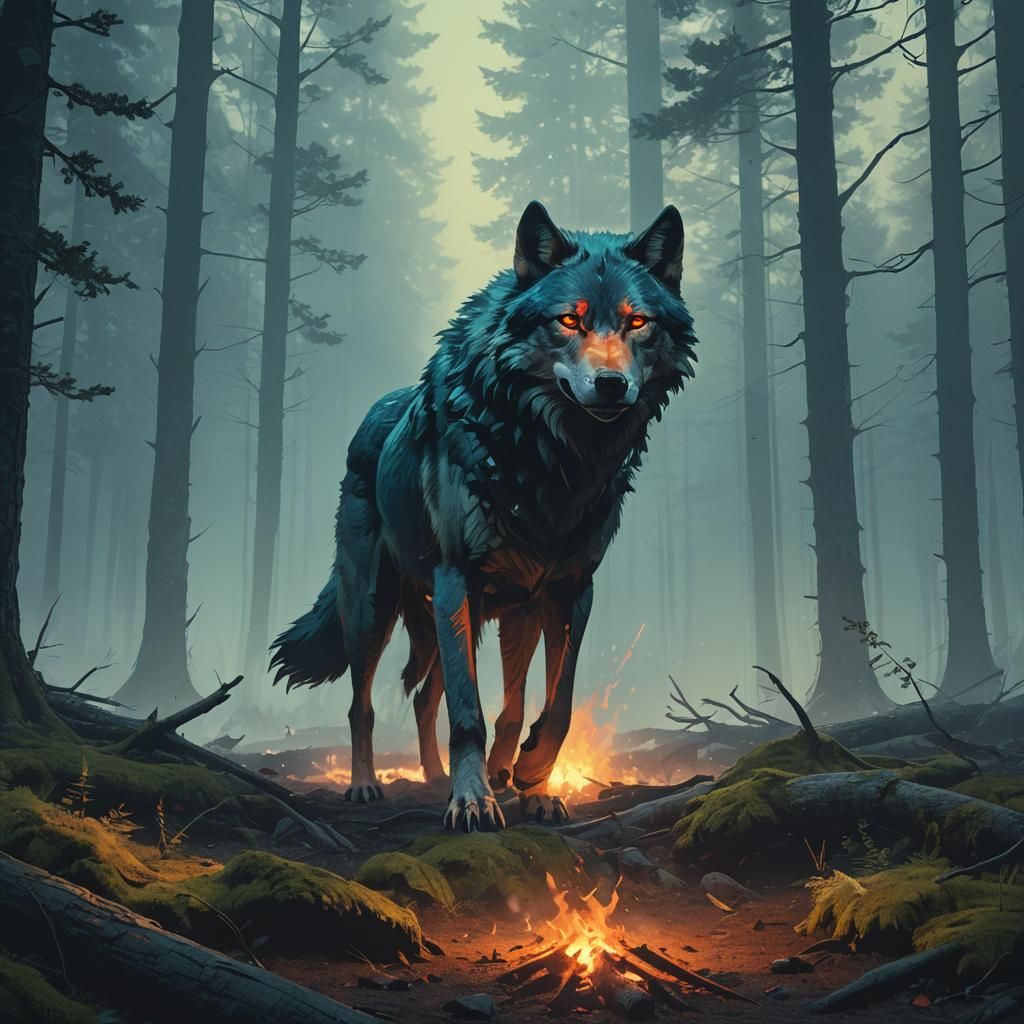 Fire Wolf in Foggy Forest, Fantasy Illustration