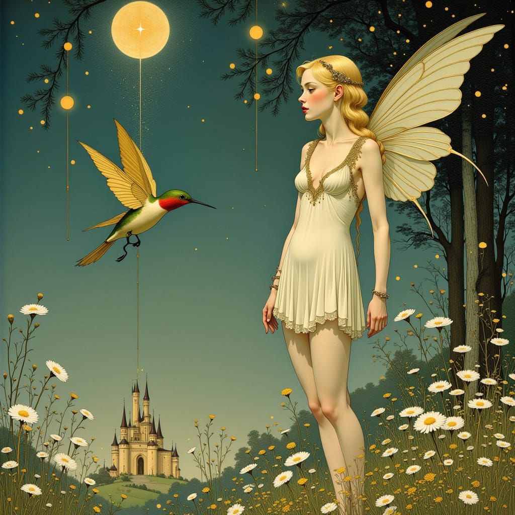 Blonde Faerie in Mystical Realm with Hummingbirds