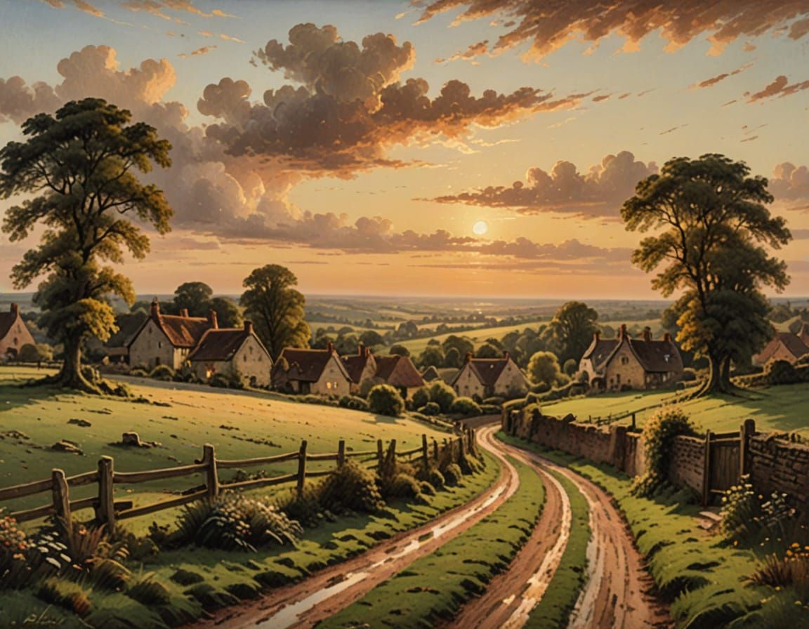 Idyllic English Countryside Village in Golden Hour