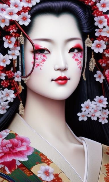 Japanese Woman in Kimono, Hyperdetailed Fantasy Art