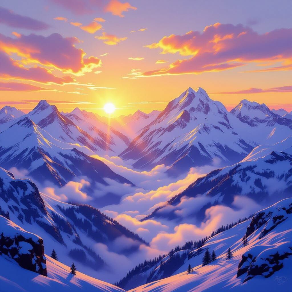 Majestic Mountain Sunrise with Golden Light