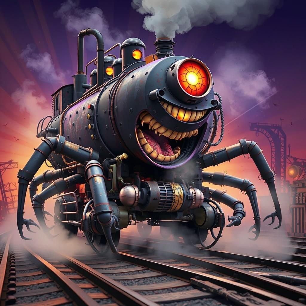 Creepy Spider-Legged Tank Engine on Rails