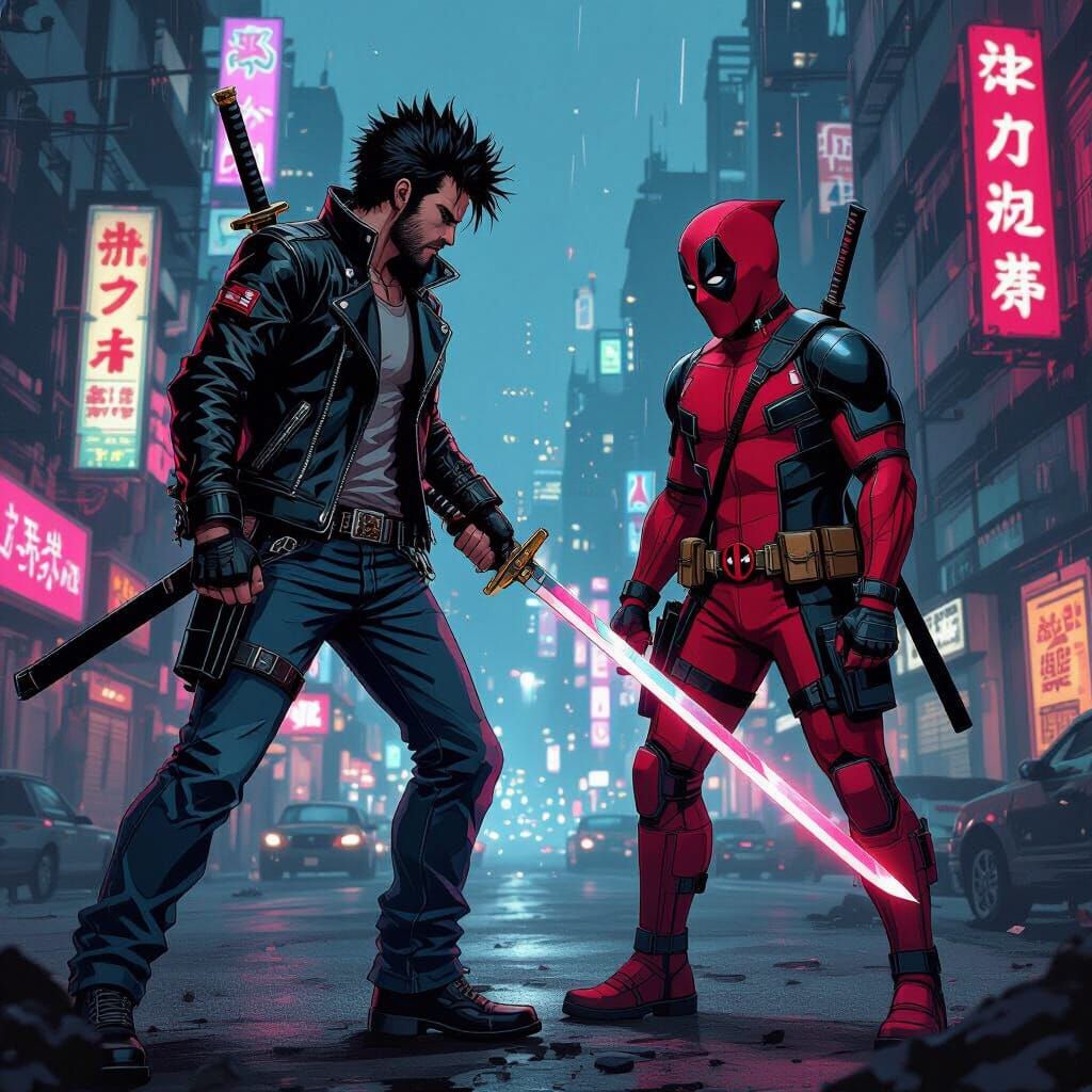 Travis Touchdown vs Deadpool in Comic Book Style