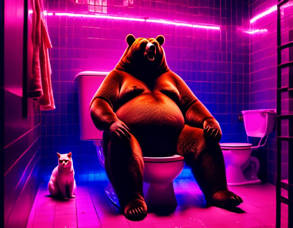 Obese Bear on Synthwave Toilet Guarded by Kittens