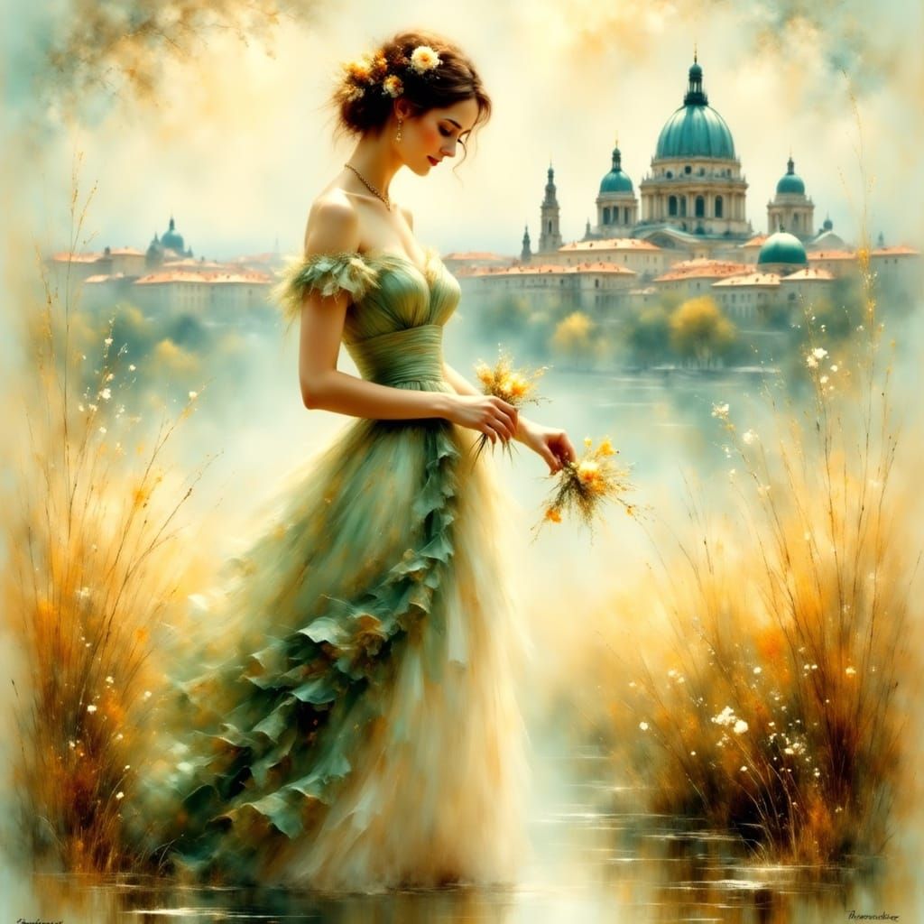 Impressionist Painting of Woman in Water with Flowers