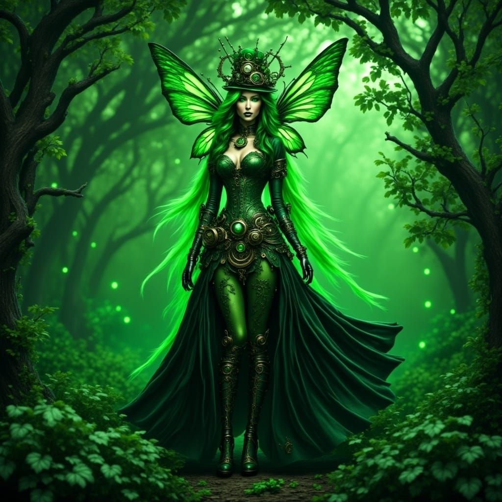 Steampunk Pixie in Bioluminescent Forest