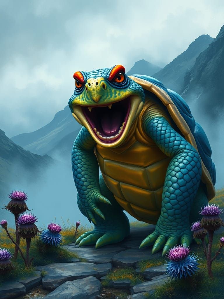 Fierce Tortoise in Glen Coe: Gouache Fantasy Art